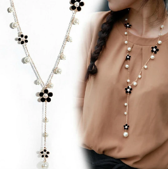 Black Pearl Flower Массивное Макси Модное Длинное ожерелье s& Кулоны для женщин модное геометрическое ожерелье Ювелирное колье Женские аксессуары для воротника - Metal Color: Black Pearl Flower