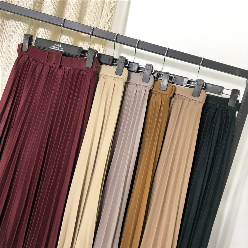 

Casual Solid Korean Elastic High Waist Skirt Pleated Skirt New 2020 Spring Women Pleated Midi Skirts Womens With Belt