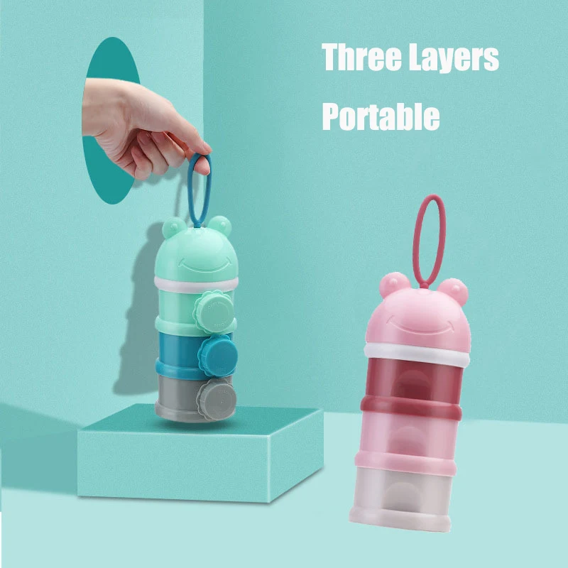 

3 Layers Baby Food Storage Box Cute Frog Bear Side Open Essential Cereal Milk Powder Box Portable Toddler Snacks Container