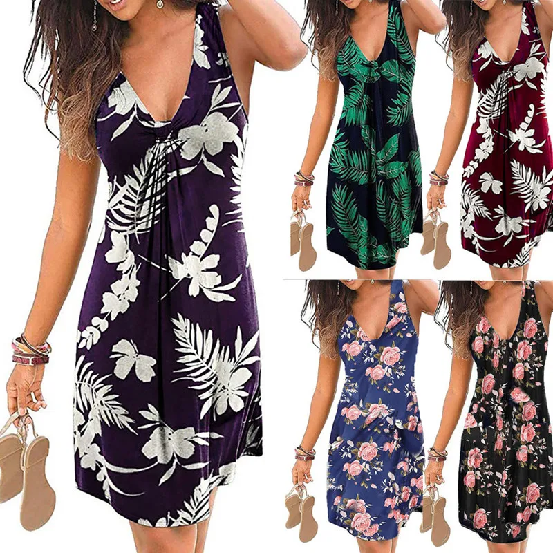 

FashionSummer Printed Women Casual Vest Dress 2021Sexy Beach V-Neck Slim Floral Dress Female Holiday Sleeveless Dresses PlusSize