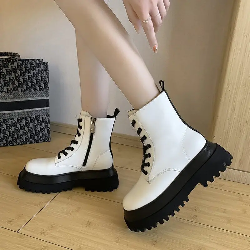 

White Color Soft PU Leather Ankle Boots Women Platform Motorcycle Booties Female Autumn Winter Shoes Woman Goth Short Boots