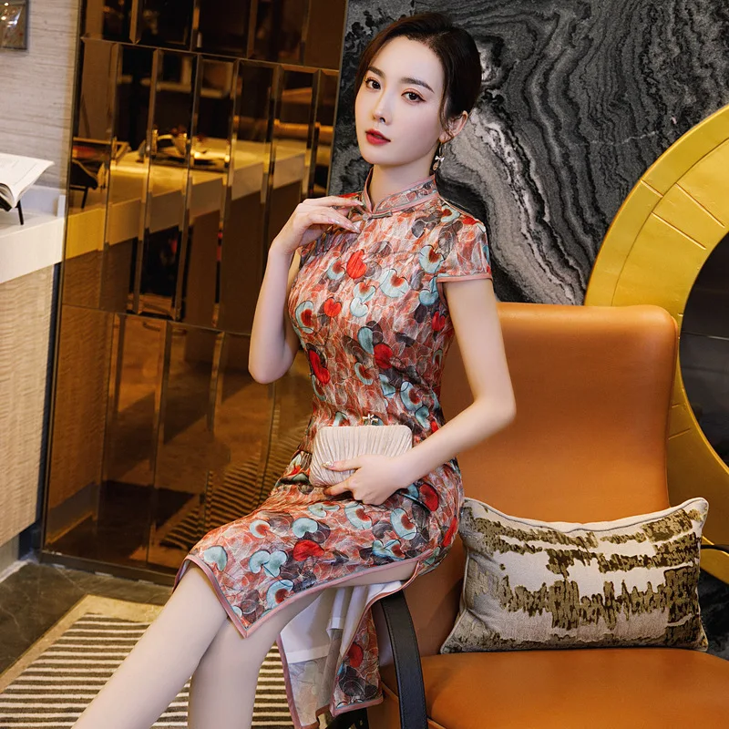 

Silk Mid-Length Short-Sleeved Spring Summer Daily Double Cheongsam Skirt Improved Fresh Catwalk Etiquette Classic Modern Qipao