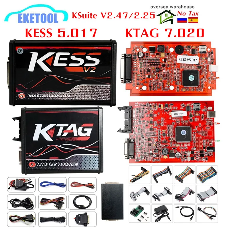 Европейская версия KESS 5,017 V2.47 4LED KTAG V7.020 V2.25 красная печатная плата онлайн KESS 5,017 V2.47 без жетона K TAG 7,020 OBD2 чип программист ECU