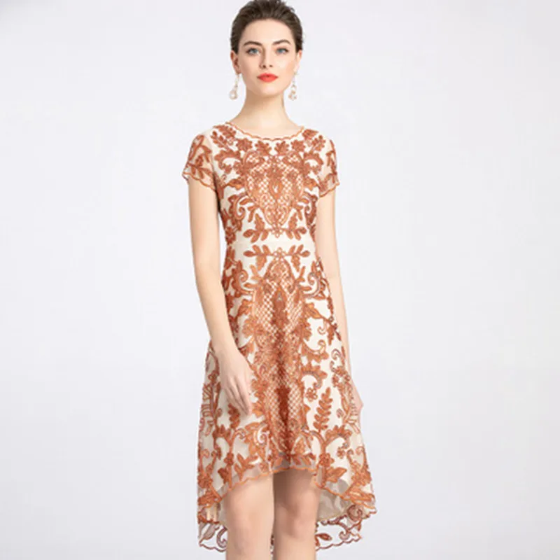 

Summer High-quality Women Dresses Vintage Embroidered Elegant Dress Ladies O Neck Short-sleeve Chic Asymmetrical Dress Vestidos