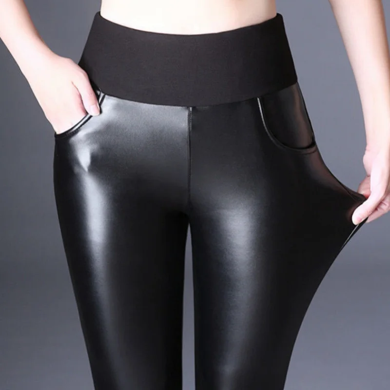 

High Waist Pu Leather Pencil Pants For Women Winter Warm Fleeces Stretch Skinny Trousers Black Plus Size Mom Thick Leggings 6932
