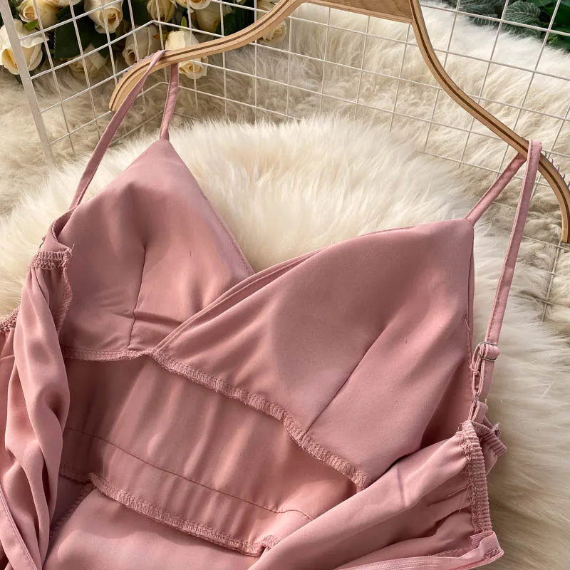 

2021 Elegant Spaghetti Strap Sundress Midi Summer Dress Pleated Women A LIne Sexy Party Dress Club Wear split Vestidos