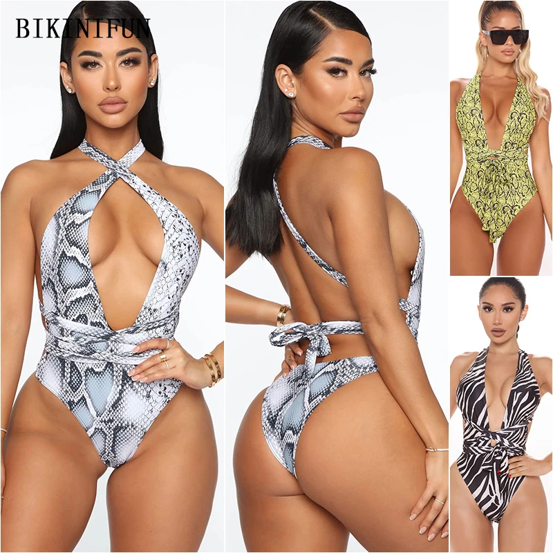 

New Sexy Snakeskin Print Monokini Women Plus Size One Piece Suit Zebra Print Swimwear S-5XL Girl V Plunge Beachwear Swimsuit