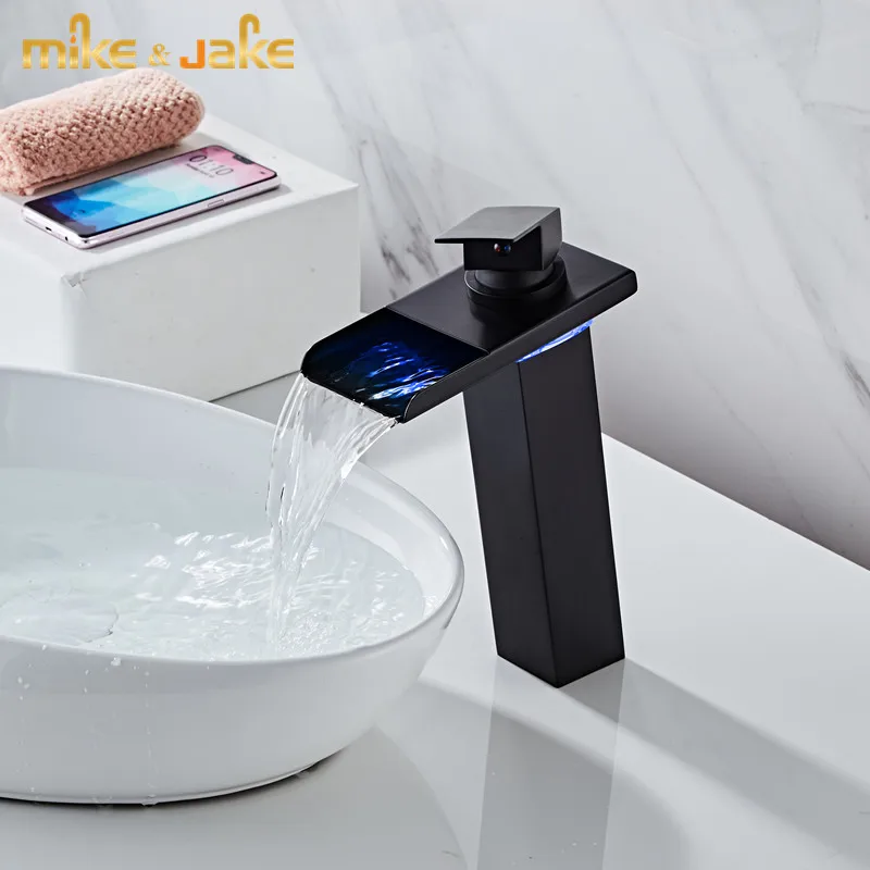 Матовый черный светодиодный смеситель Водопад для раковины роскошный высокий