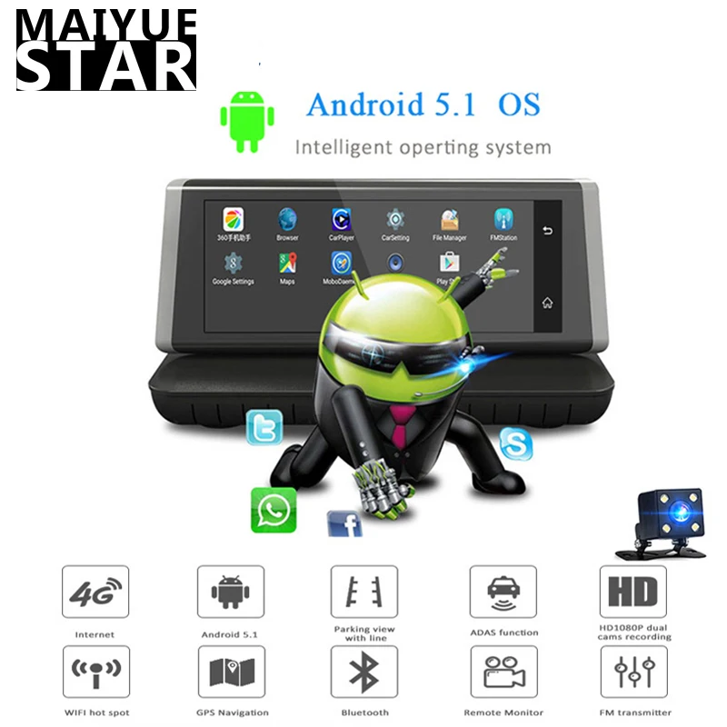 Mai Yuexing 8 &quotAndroid 5 1 HD 1080P Спринт камера 4G Wifi Автомобильный видеорегистратор Камера