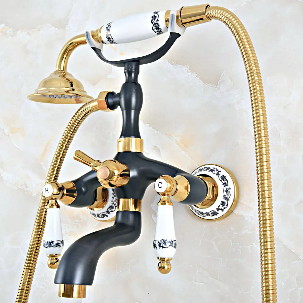 

Black Gold Color Brass Wall Mount Bathroom Tub Faucet Dual Ceramic Levers Telephone Style Hand Shower Clawfoot Tub Filler ana440