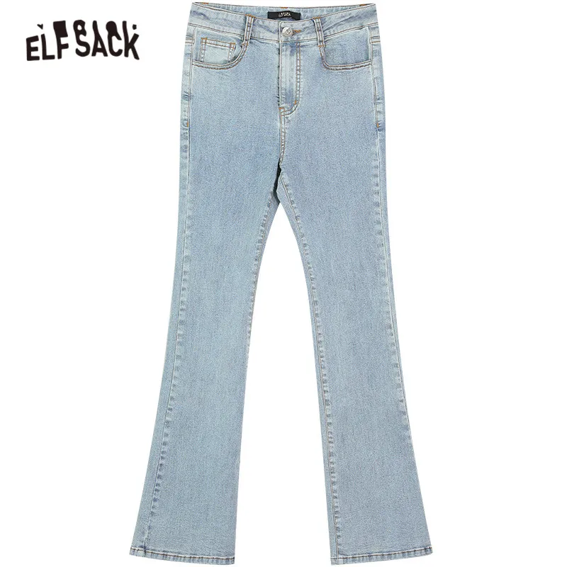 

ELFSACK Solid Pure Split Hem High Waist Washed Flare Jeans Women,2021 Spring Straight Casual Ladies Basic Daily Denim Trousers