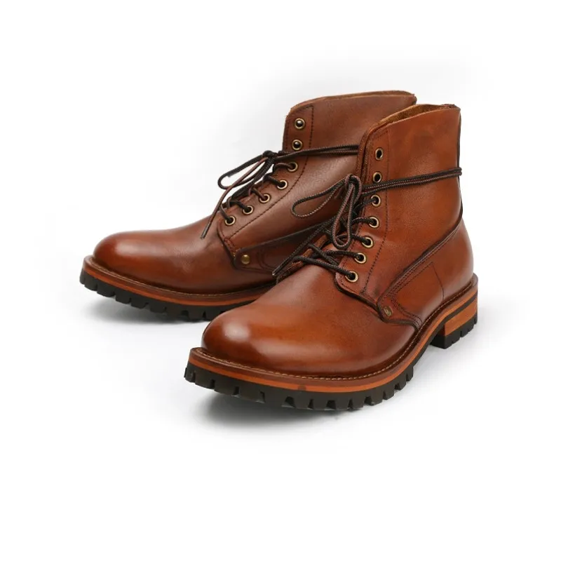 

New Handmade Tooling Shoes Vintage Men Genuine Cow Leather Ankle Boots British Dress Goodyear Cowhide Motorcycle Boots Autumn