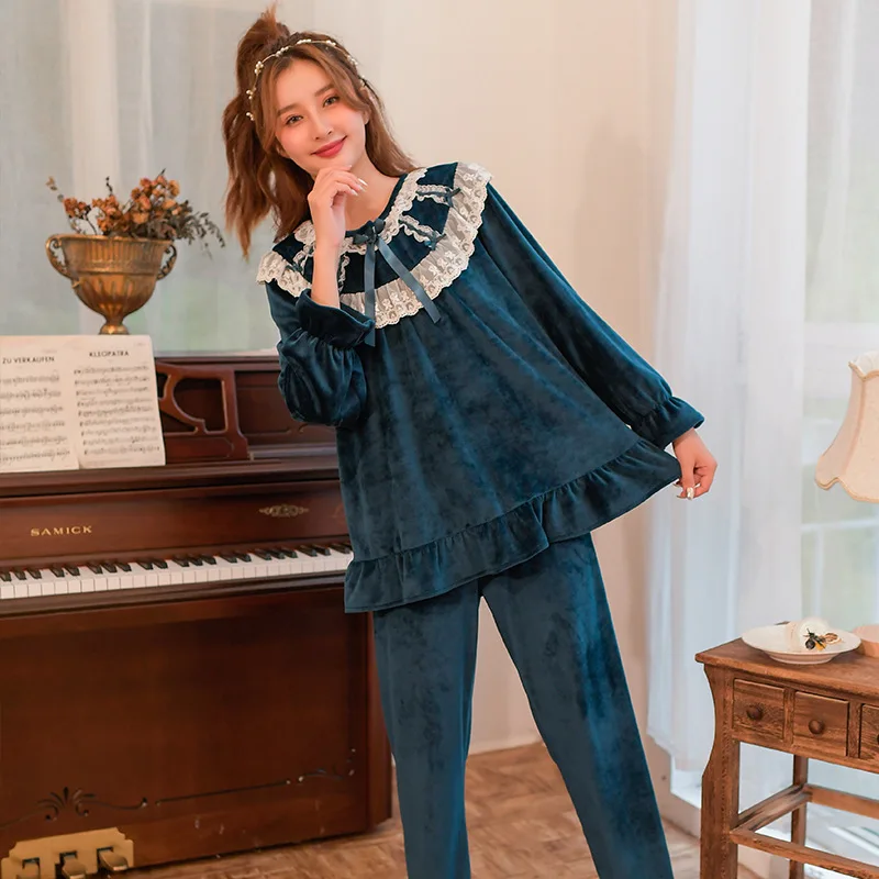 

Thickened Double-sided Island Fleece Lady Pajamas Set 2PCS Sweet Pater Pan Collar Pyjamas Suit Ruffles Sleepwear Winter Homewear