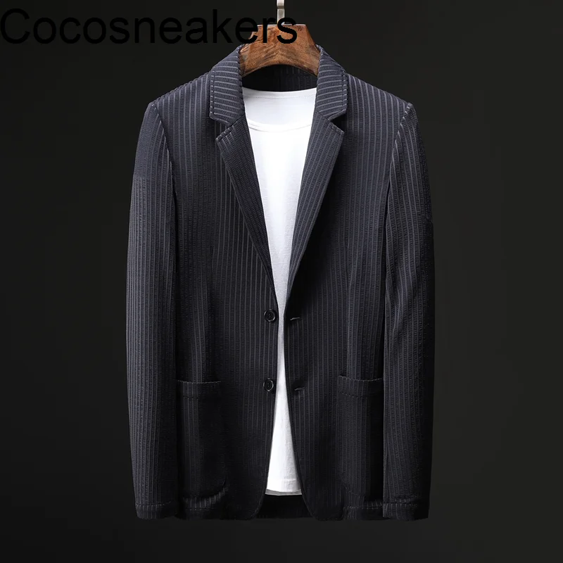 

Пиджак мужской из молочного шелка, Высокоэластичный повседневный жакет в полоску, тонкий красивый на одной пуговице, на весну и лето