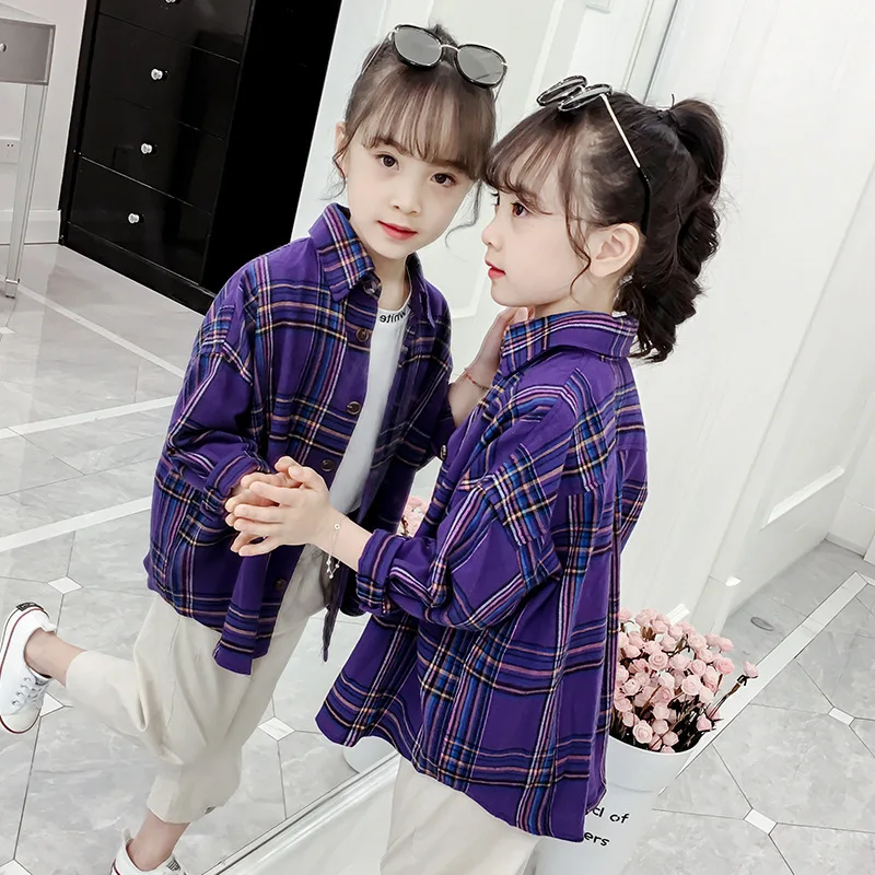 Детские рубашки в клетку желтого и фиолетового цвета Топы для маленьких девочек