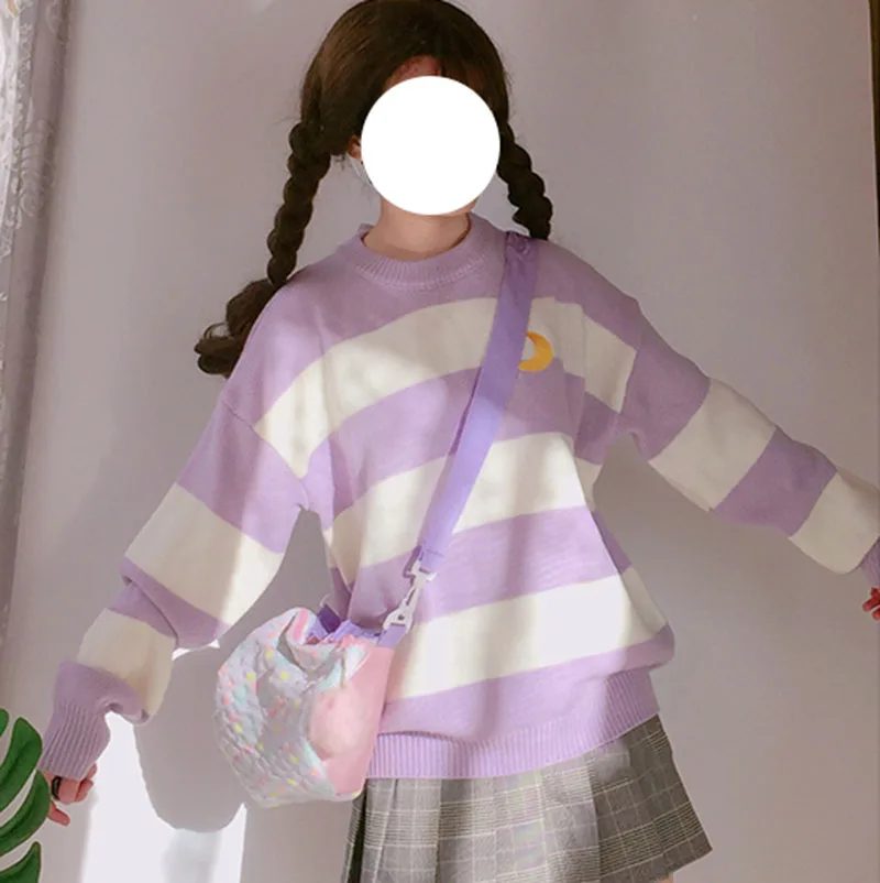 Japanese Cute Girls knit Sweater Women Kawaii Moon Embroidery Stripes Purple Knitted Pullovers Winter Preppy Style Jumper Tops | Женская