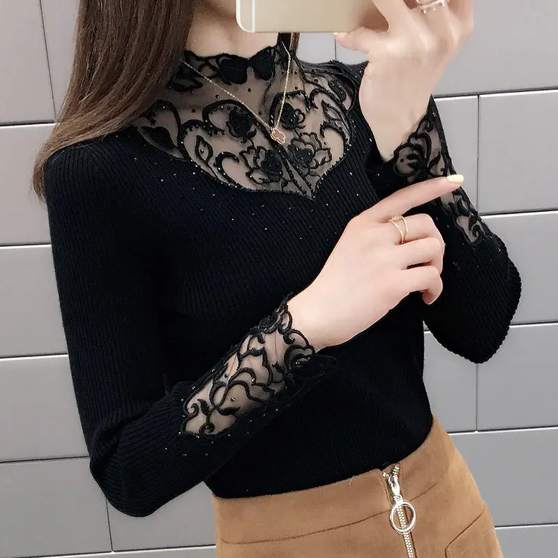 

Fall Winter Women Sweater Sexy Lace Collar Patchwork Women Pullover Sweater Half Turtleneck Full Sleeve Knitted Bottoming Jumper