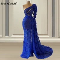 royal blue beading evening dresses long arabic one shoulder prom dress split side plus size celebrity dresses abiti da cerimonia
