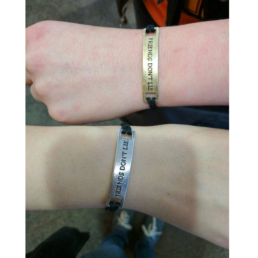 

Friend don't Lie Eleven Charm Bracelet Handstamped Letter Men Bar Bangle Chain Bracelet for Women Stranger Things Movie Jewelry
