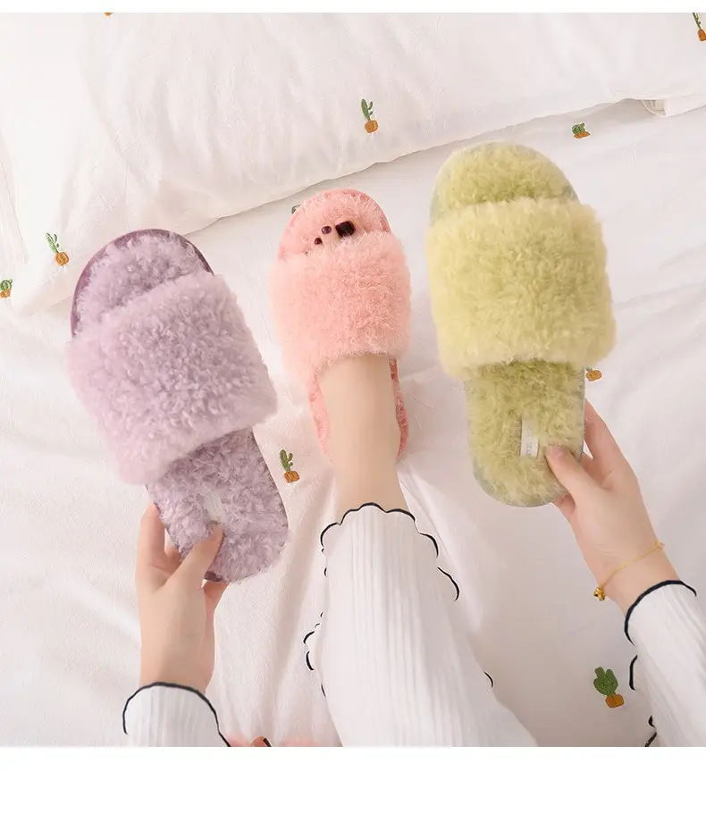 Белые пушистые шлепанцы для дома из искусственной шерсти женские с плюшевой