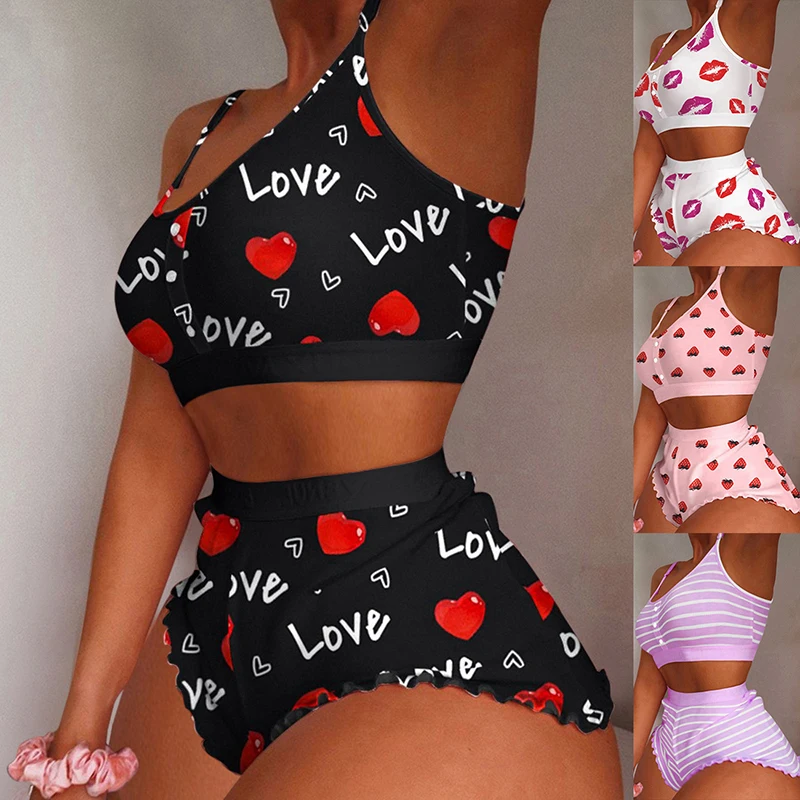 

2023 Women Lips Print Pajamas Sleeveless Cami Short Lingerie Sleepwear Set Fashion Home Ladies Underwear Pajamas Set