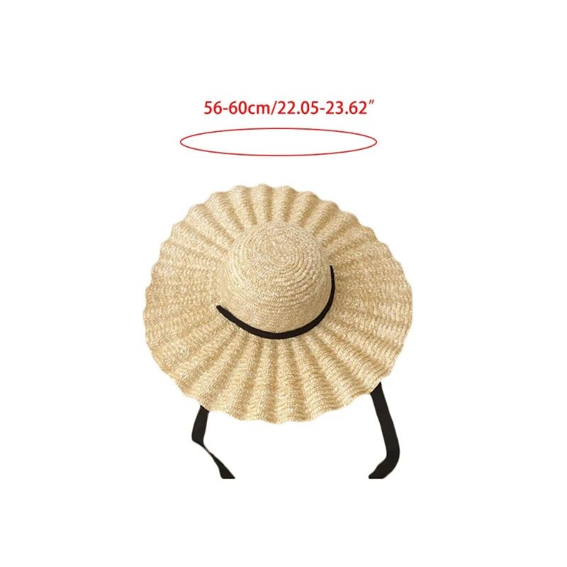 

Wide Brim Straw Hat with Ribbon Summer Cap Wavy Pattern Sun Protection Outdoor Beach Sunhat M6CD