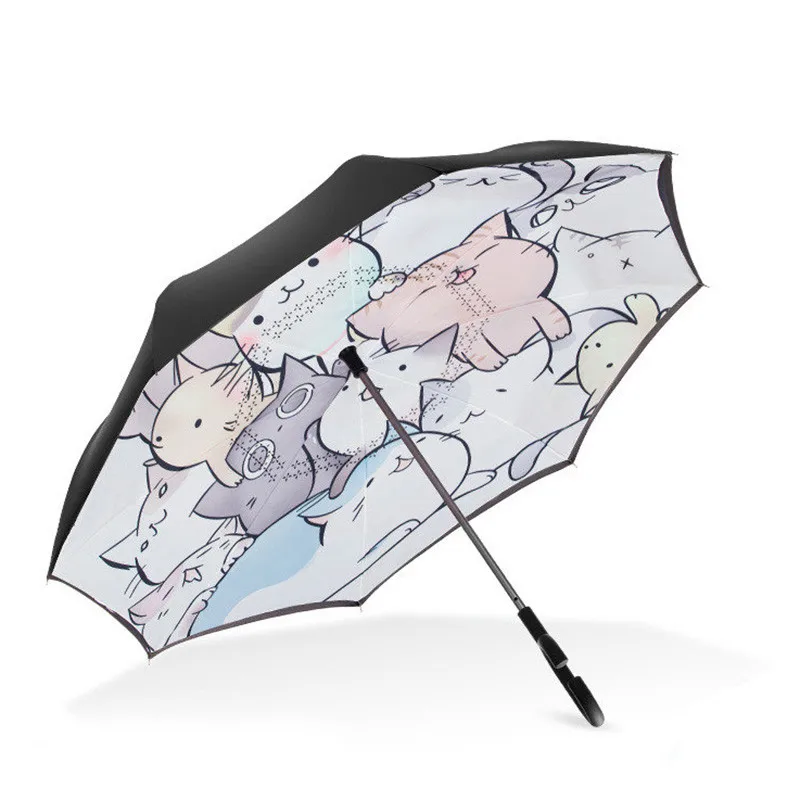 

Cartoon Reverse Umbrella Long Handle Sun Inverted Umbrella Cute Cats Windproof Double Layer Parasol Ombrello