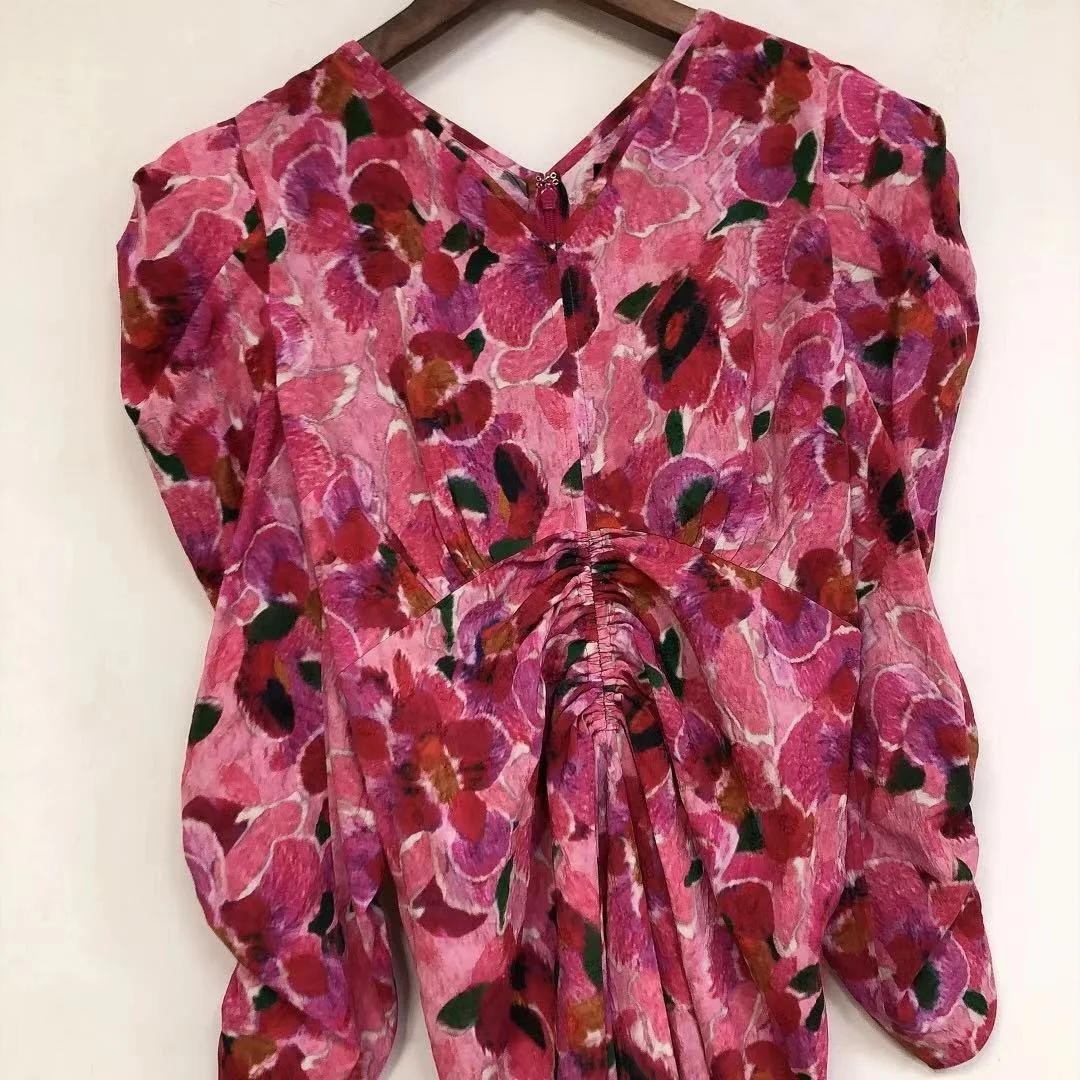 

Women V Neckline Floral Printing Midi Dress With Creased-effect Detail