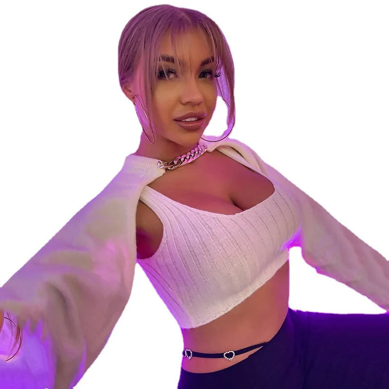 

Early autumn new foldable short long-sleeved sweater women's white vest cover sleeve sweater two-piece set