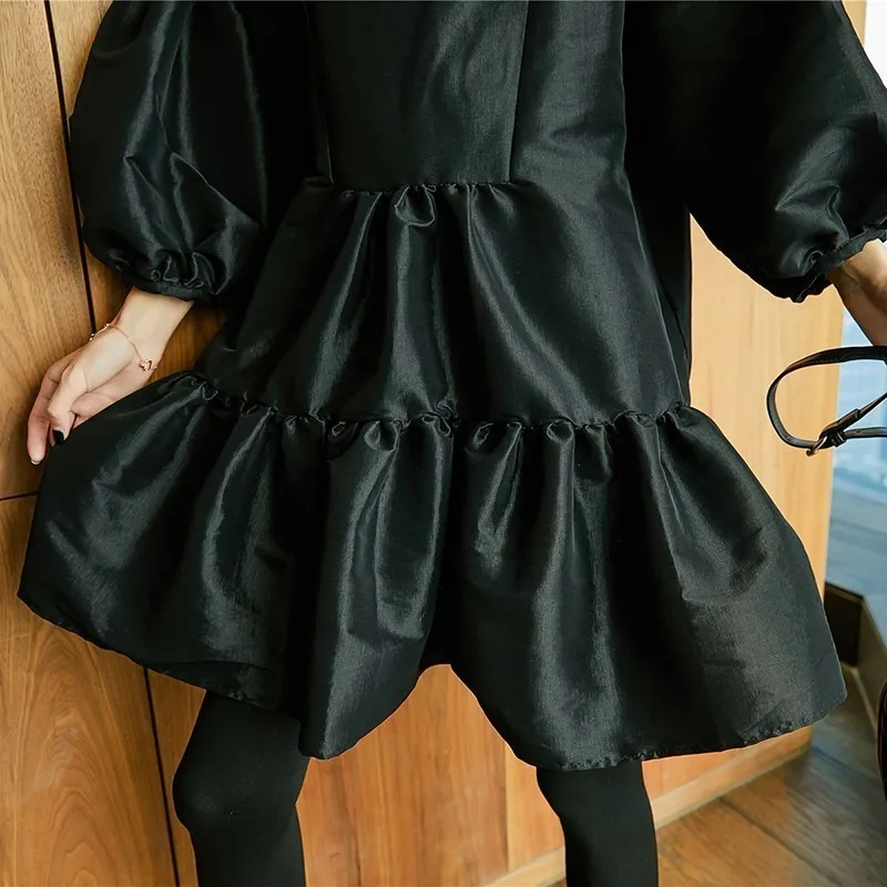 

WICCON Puff Three Quarter Sleeve Dresses For Women Ruffled Collar Black Mini Ball Gown Dress Female 2021 Spring Korean