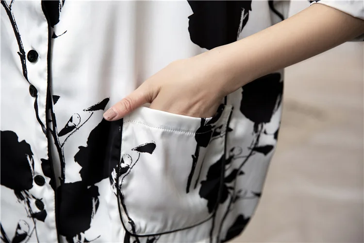 

Black Pajamas Suit Print Flower Female Pyjamas Novelty Nightwear Casual Spring New Sexy 2PCS Sleepwear Long Sleeve Home Wear