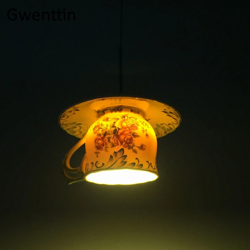 

European Style Rose Cup Pendant Lights Led Art Deco Hanglamp Vintage Hanging Lamp for Dining Room Bar Kitchen Lighting Fixtures