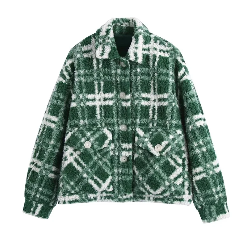 

MESTTRAF Женская 2021 пикантная Толстая теплая флисовая куртка в клетку винтажная верхняя одежда с отложным воротником и длинными рукавами с кар...