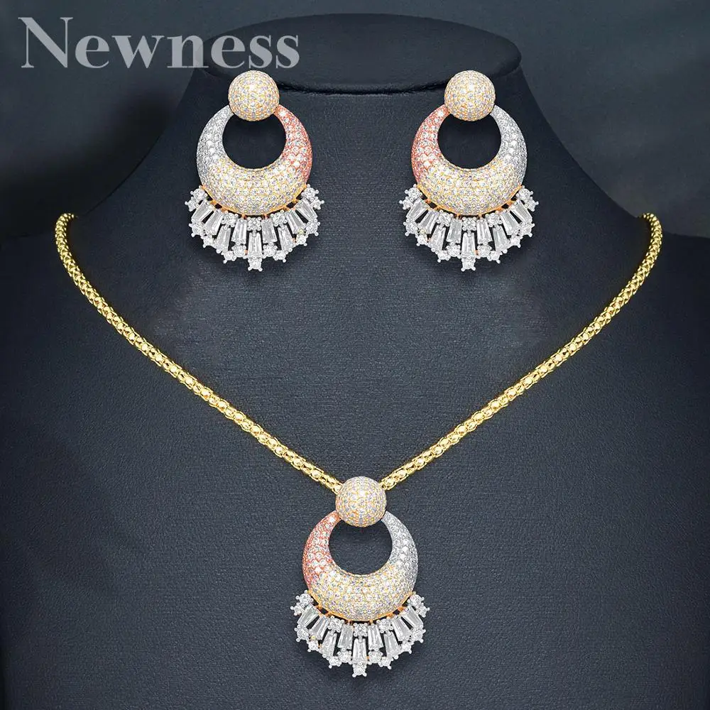 

Newness Luxury Brand Flowers 2PCS NECKLACE EARRING Sets For Women Accessories Full Cubic Zirconia Earrings Fashion Jewelry