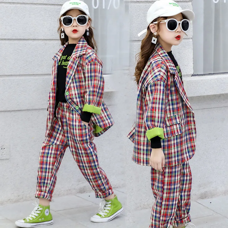 Спортивный костюм для девочек подростков клетчатая куртка и штаны комплект