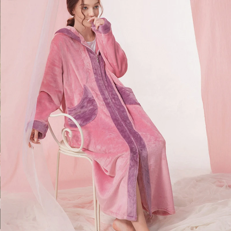Зимний фланелевый Халат женская теплая Пижама с капюшоном и карманом платье на