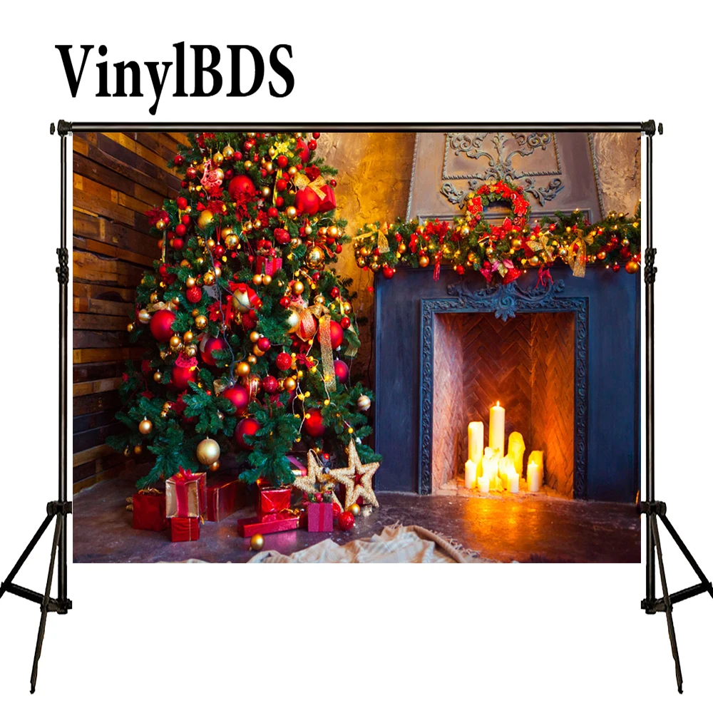 

VinylBDS Christmas Photo Backdrops Fireplace Stove Candle Photography Backdrop Tree Gold Star Backgrounds Photography Studio