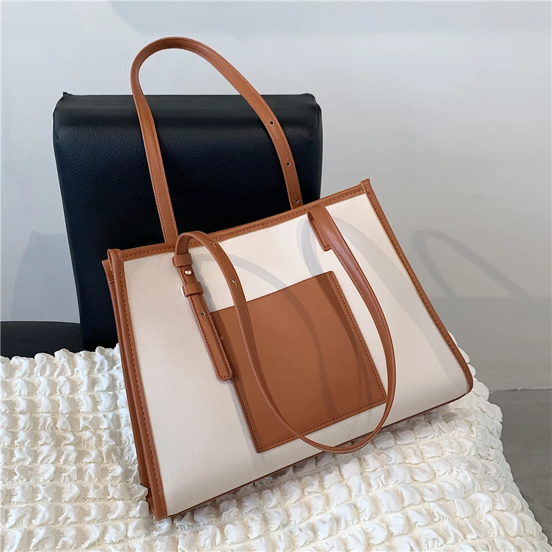 

Two Tones Canvas Patchwork Big Tote Bags For Women Three Compartments High Quality Office Ladies Work Shopping Shoulder Bag 2021