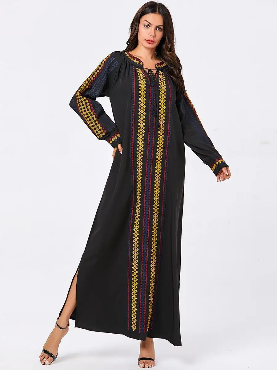 Abaya женские мусульманские платья с вышивкой и длинными рукавами Дубай Кафтан