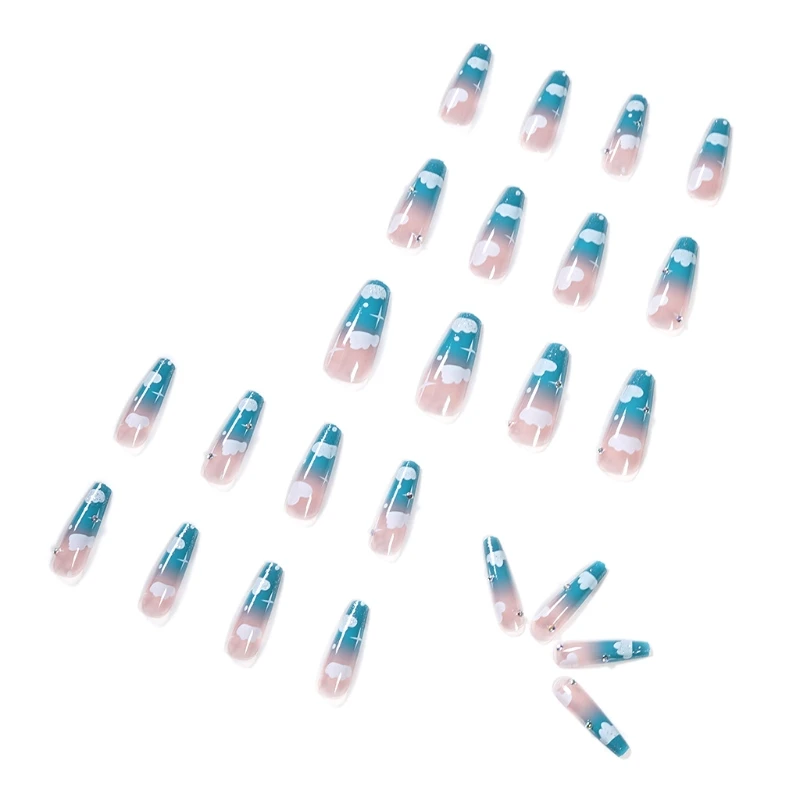 

X7JA 24pcs/Set Detachable Fashion False Nails Extra Long Blue Clouds Gradient Long Ballet Full Cover Fake Nail Art Tips