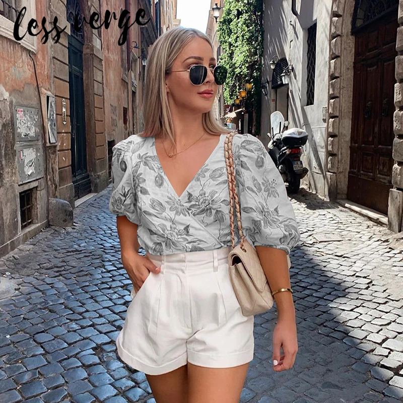 Lessverge Цветочный принт v образным вырезом укороченный блузка рубашка богемный