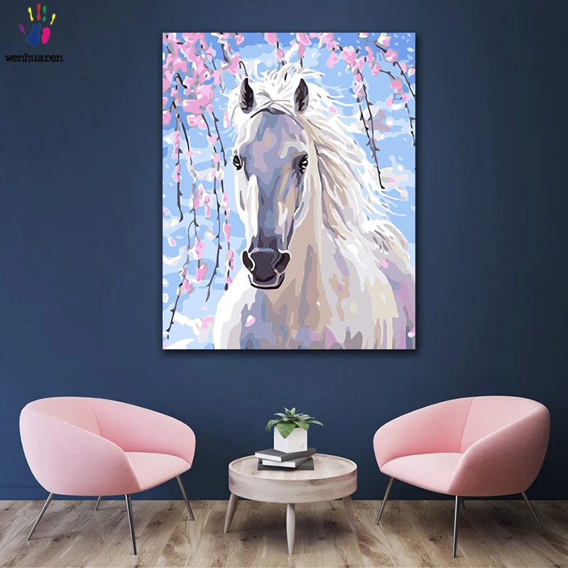DIY Раскраска по номерам Белая лошадь под цветком дерево рисунок картины с