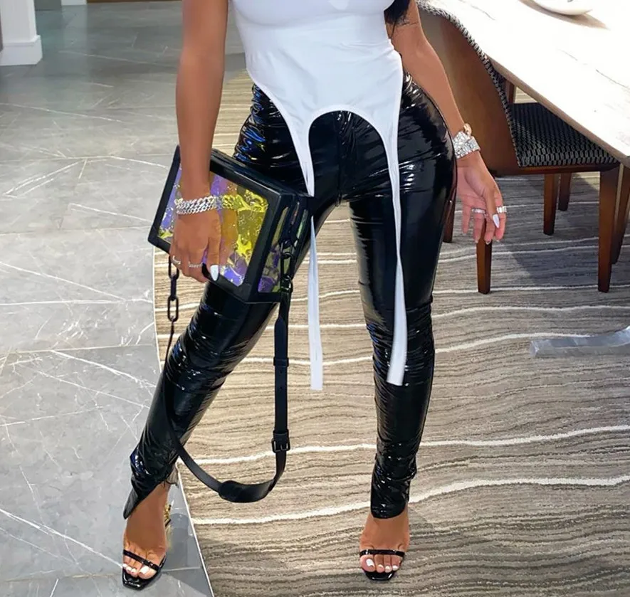 

2021 Fall Winter Black PU Leather Pants Zipper Split Bottom Mid Waist Stretchy Tights Pencil Pants Women Trousers