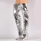 Женские высокие сапоги выше колена, серебристые сапоги до бедра, с острым носком, на высоком каблуке, большие размеры до 43