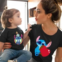 hot sales women t shirt disney lilo stitch family matching outfits clothes baby short sleeve tees beach o neck cotton black tops