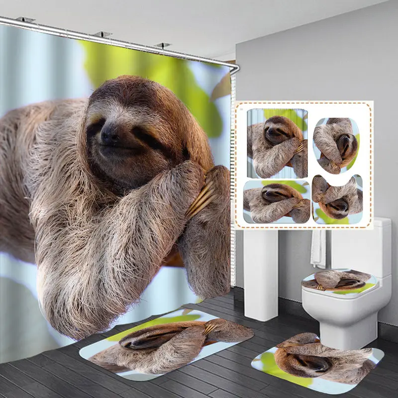 

Cute Sloth Flannel Bath Mat Toilet Cover Rugs Fabric Shower Curtain With 12 Hooks Home Bathroom Decor Set