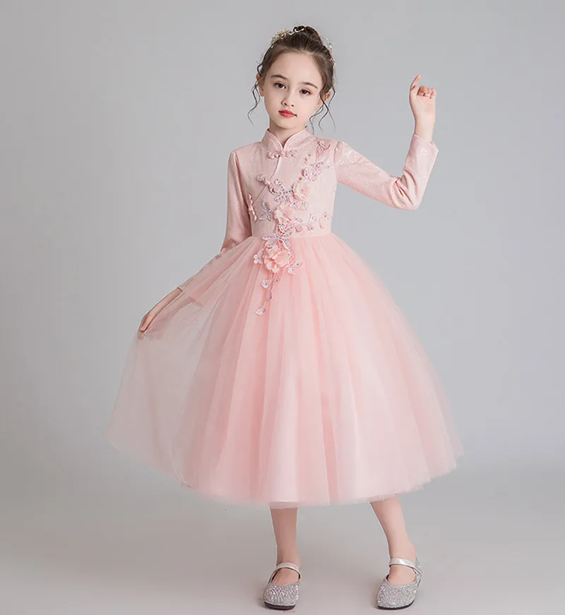 Платье принцессы с аппликацией и длинным рукавом сетчатая пачка бисером