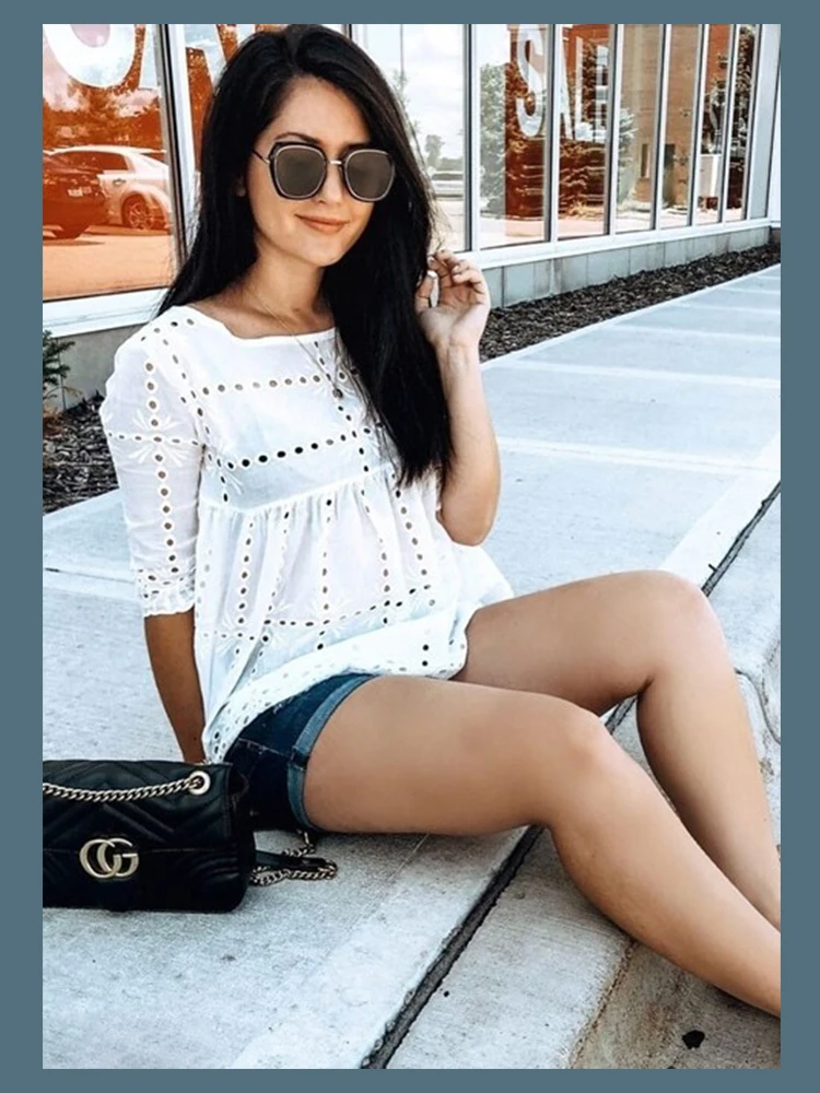 Dotfashion белая блузка с вырезами и зубчатым подолом для женщин Boho летняя повседневная одежда с коротким рукавом модные женские топы и блузки