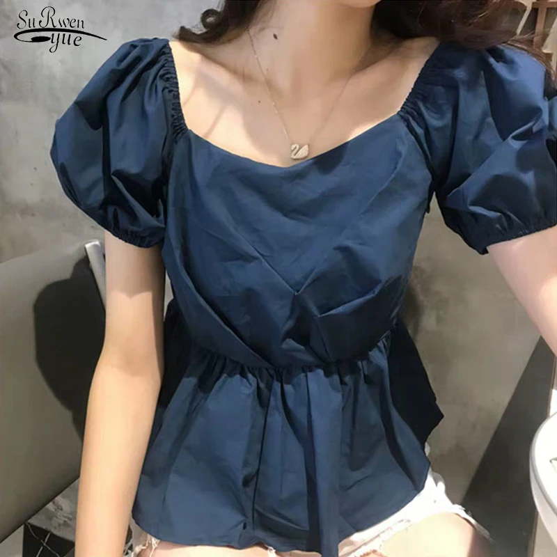 

Korean Fashion Ruffled Patchwork Solid Blouses Summer Slash-Neck Waist Slim Woman Top Female Short Sleeve Clothes Blusas 14551