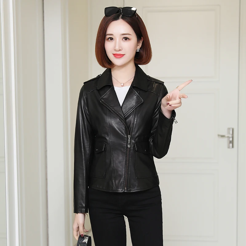 

JCHB 2021 New genuine Spring leather coat women's short sheepskin lapel slim-fit motorcycle leather jacket jacket